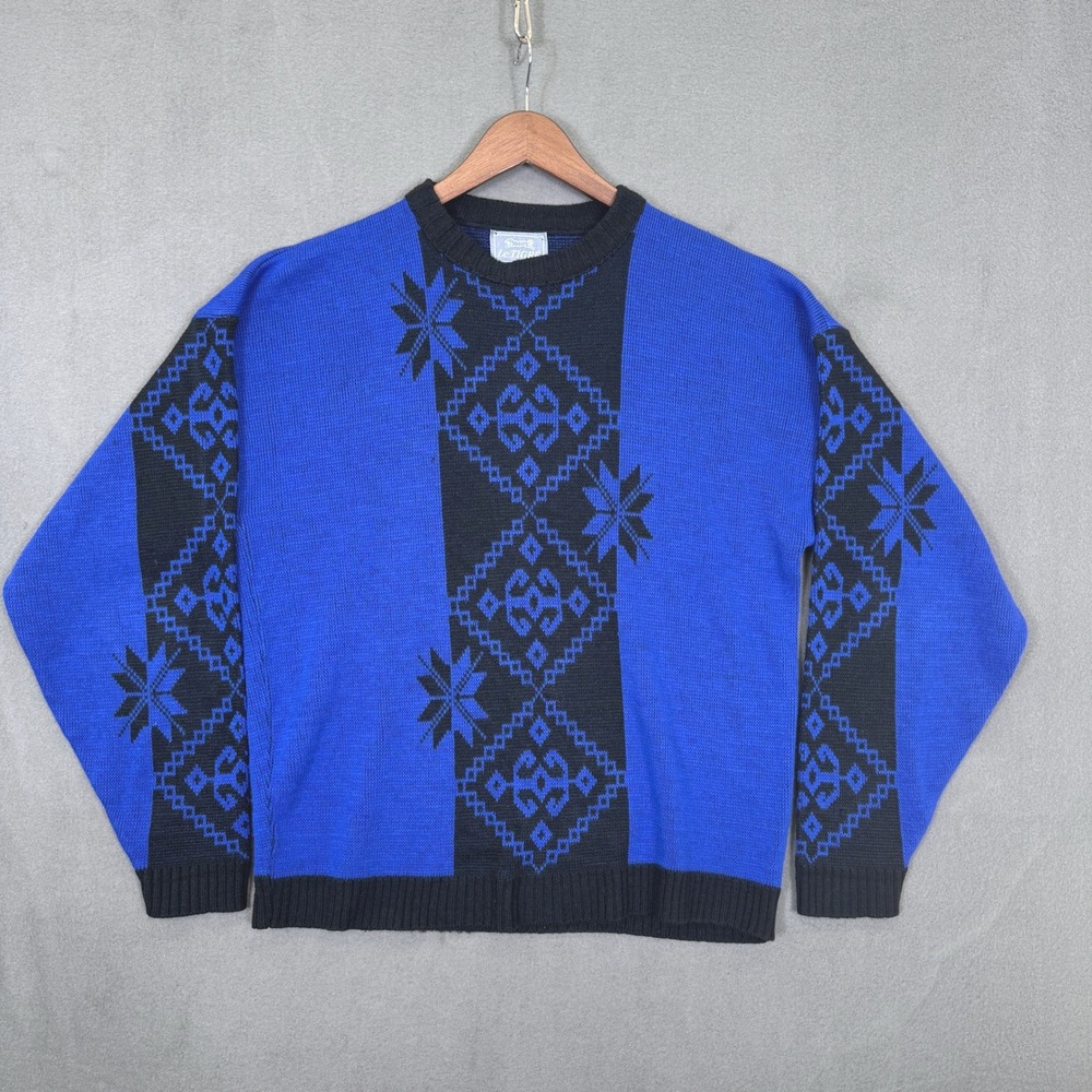 Vintage Le Tigre Sweater Men XL Blue Black Geometric Snowflake Made USA Retro